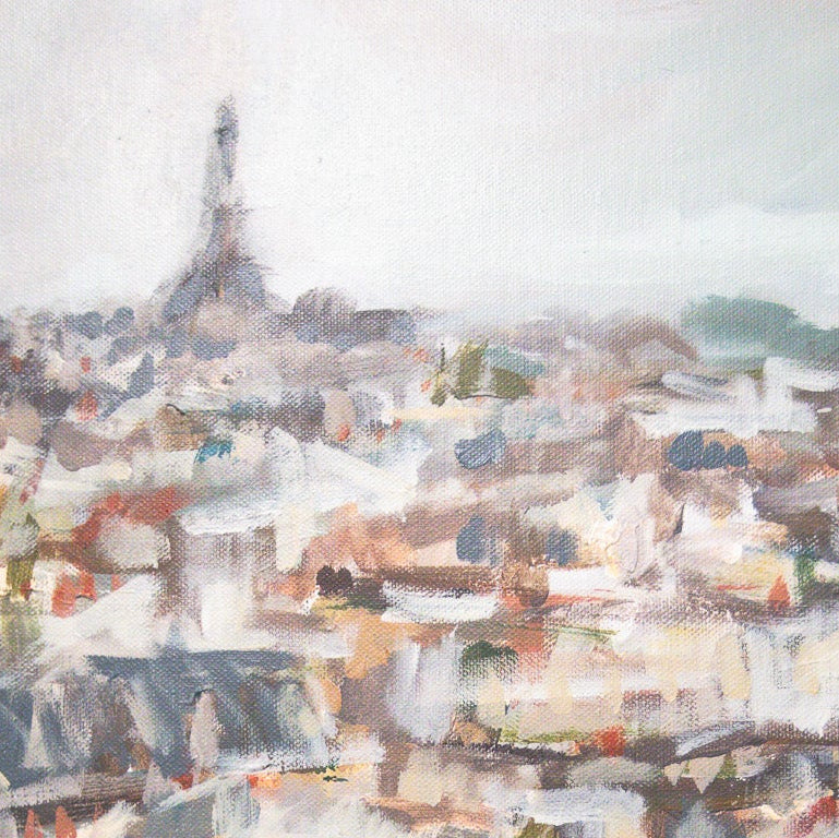 An impressionistic painting of a dense cityscape with many rooftops and a distant tower, rendered in soft brushstrokes of white, gray, beige, and muted blue-gray tones.