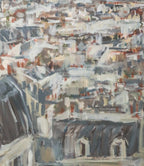 An abstract canvas painting of a cityscape with rooftops and a distant tower, displayed on a white gallery wall.