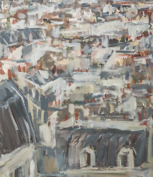 An abstract canvas painting of a cityscape with rooftops and a distant tower, displayed on a white gallery wall.