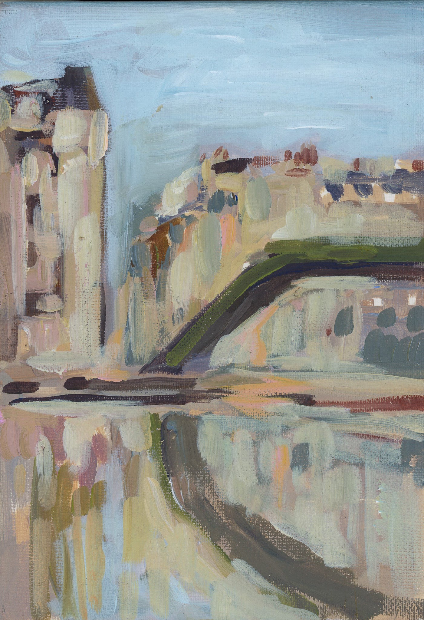 Canal Saint Martin
A favorite neighborhood for long walks, cafés, and everyday Parisian life, Canal Saint Martin captures the quiet charm of one of the city's most loved districts. The painting reflects the slower rhythm of the canal, where architecture, water, and community meet.
