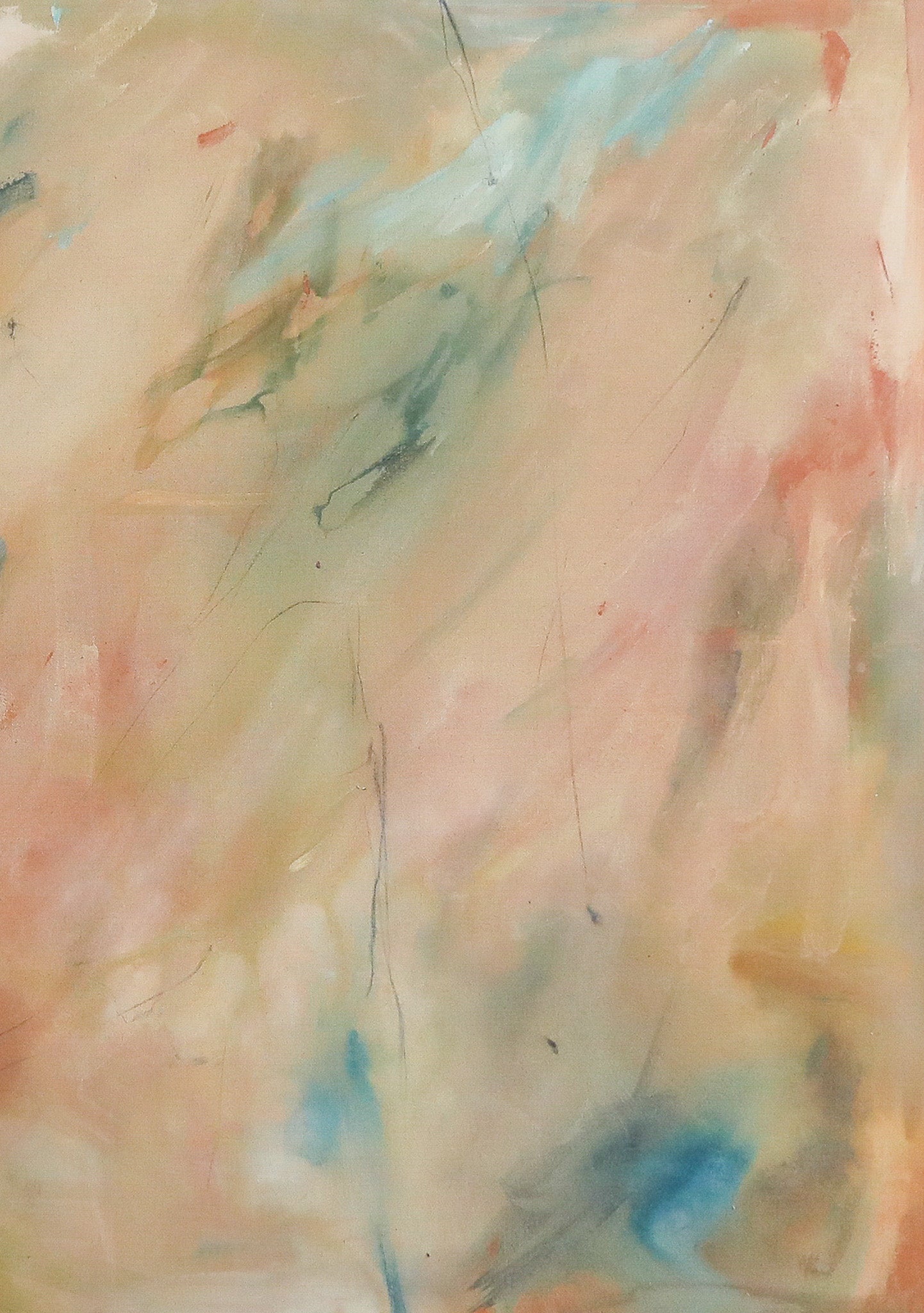 Abstract painting with soft blended brushstrokes in pale peach, cream, pink, blue, green, and yellow tones.