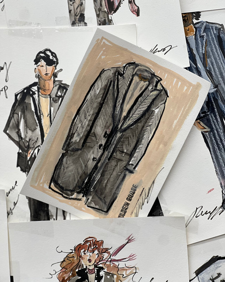 fashion illustration sketches of winter collection drawn live at store boutique in paris